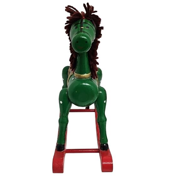 Vintage Classic Green and Red Wooden Rocking Horse w/Yarn Mane Christmas Decor - Picture 4 of 11